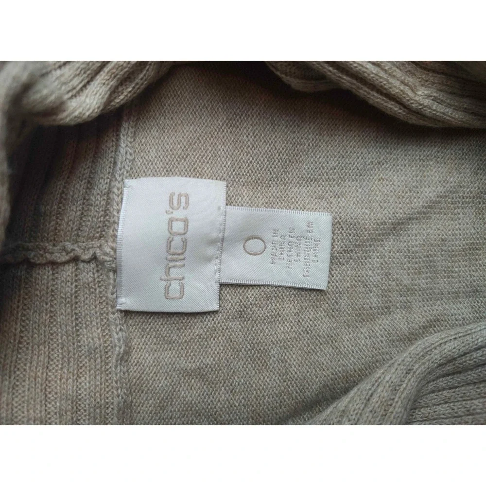 Chicos Beige Ruffle Open Front Cardigan Tan Shawl Collar Ribbed Sleeve Size 0